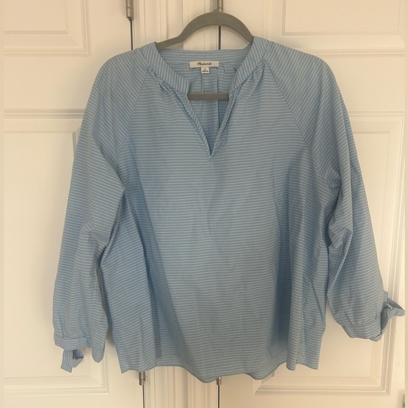 Madewell Striped Blue Tie-Sleeve Popover Top - Picture 2 of 5
